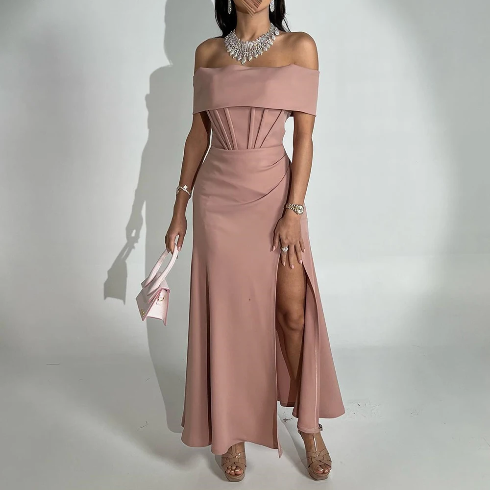 

Customized Modern Front Slit Off the Shoulder Ankle Length Evening Dress Graceful A-Line Jersey Short Sleeves Pleats Party Gown