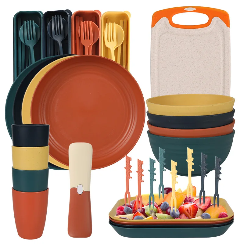 

46 Pcs Wheat Straw Plate Cutlery Set Plate, Bowl, Cup, Dish, Knife, Fork, Spoon, Chopsticks, Fruit Fork, Peeler, Microwave-safe