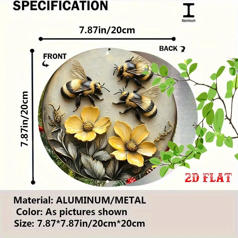 2D design, 1 piece vintage bee and honeycomb metal wall art sign - rustic farmhouse round bee decoration, featuring bees, bumblebees, and honeycomb