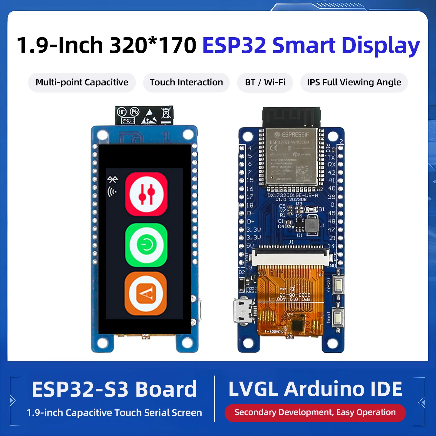 ESP32 S3 LVGL Development Board with 1.9 Inch IPS 320*170 Capacitive Touch Screen 8MB PSRAM 16M Flash 240 MHz Support WIFI BT