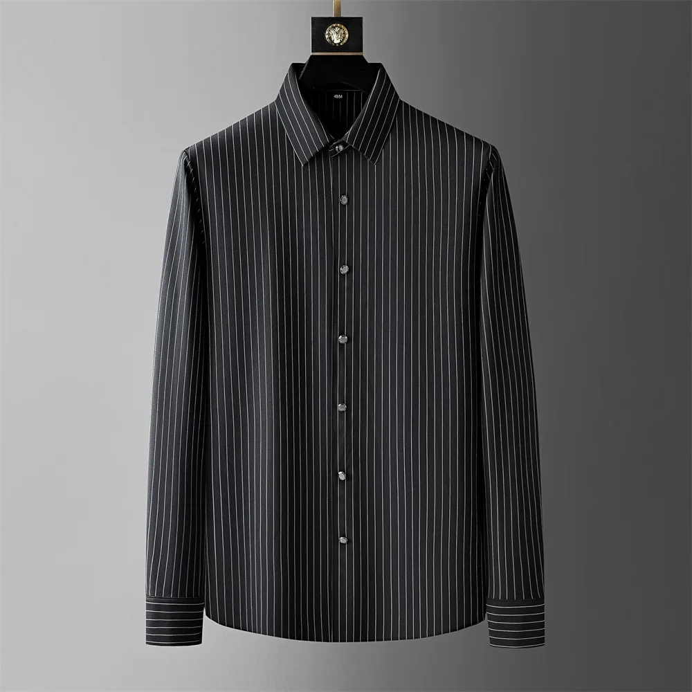 2023 Spring Striped Shirts Men Long Sleeve Slim Fit Casual Shirt Seamless Elastic Business and Social Dress Shirt Men Clothing