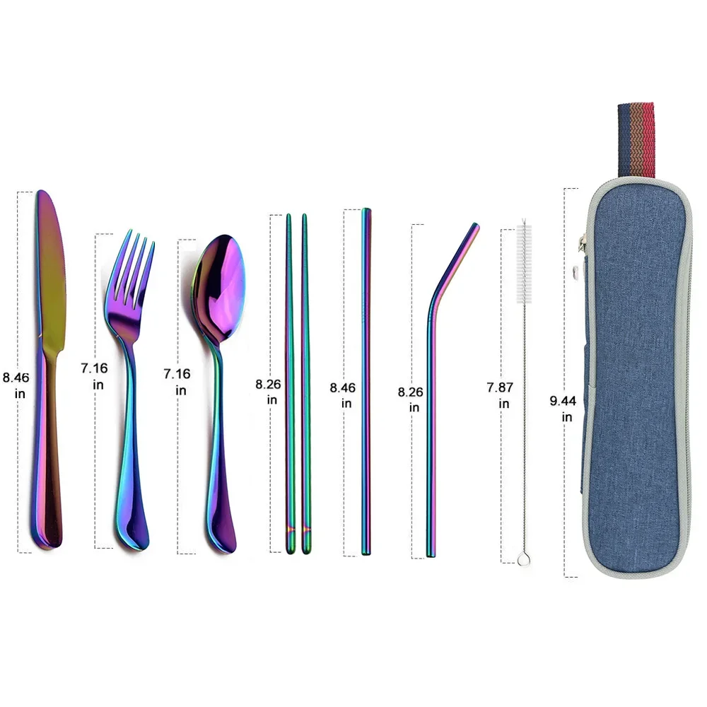 Travel Hiking Dinnerware Set with Reusable Metal Straw Cutlery Stainless Steel Spoon Fork Chopsticks Silverware Portable Pouch