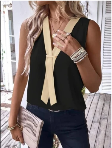 Women's Urban Temperament Vest 2025 Spring Summer Latest V Contrasting Sleeveless Casual Shirt Versatile Commuting Tank Top