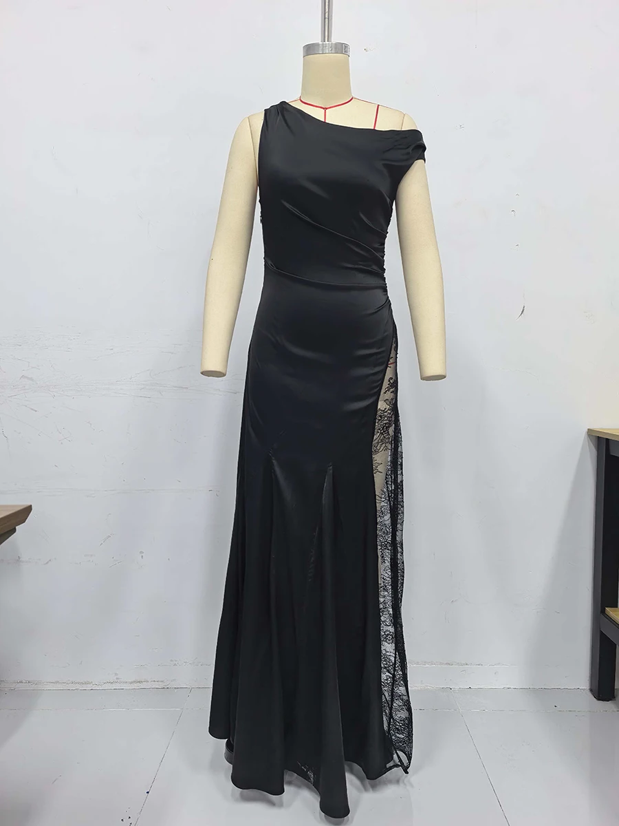 TWOTWINSTYLE الصلبة شير تقسم الدانتيل مثير فساتين طويلة للنساء قطري طوق بلا أكمام المرقعة فستان محكم الإناث جديد #4