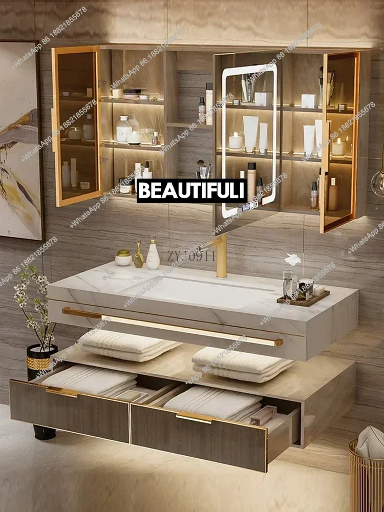 

Z136Luxury Light Slate Seamless Basin Bathroom Cabinet Combination Hotel Style Bathroom Wash Wash Basin Wall Cabinet