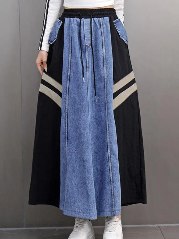 SHENGPALAE Women Spliced Denim Skirt Casual Niche Design Pockets Elastic Waist Color Block A-line Skirts 2025 Spring New 5G611