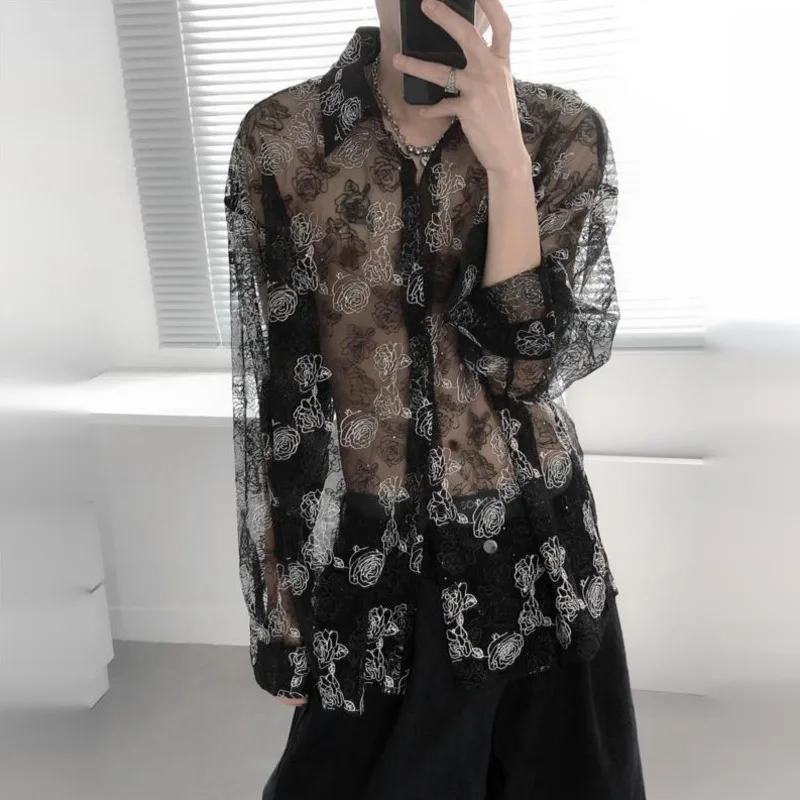 WVGA Summer New Men's Patterned Hollow Out Sheer Trendy Long Sleeve Shirt Niche Chic Casual Fit Turn-Down Collar Tops Ins W24456