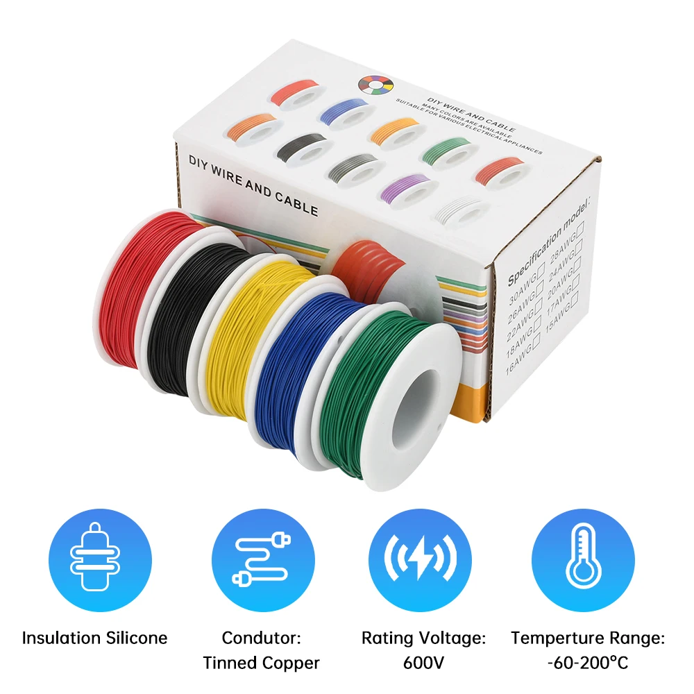 5/6 Roll 30 AWG Stranded Wire Spool-Flexible PVC Tinned Copper Electronic Wi - Electrical Tinned Copper Wire-5 Colors/6 Colors