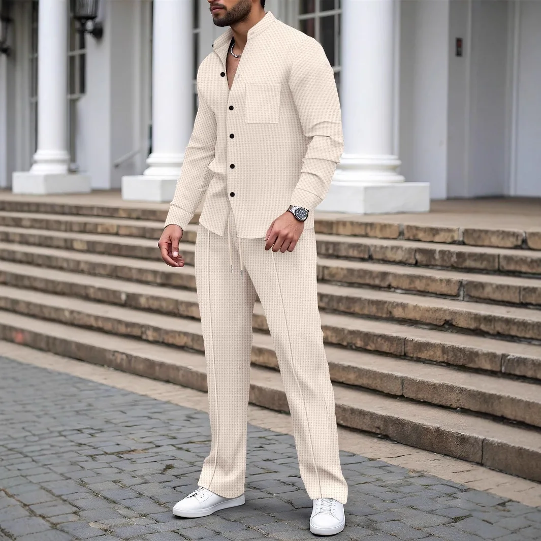 Spring/Autumn Men's Street Sporty Casual Solid Color Set - Henry Collar Buttoned Pockets Shirt + Drawstring Pants Fashion Set