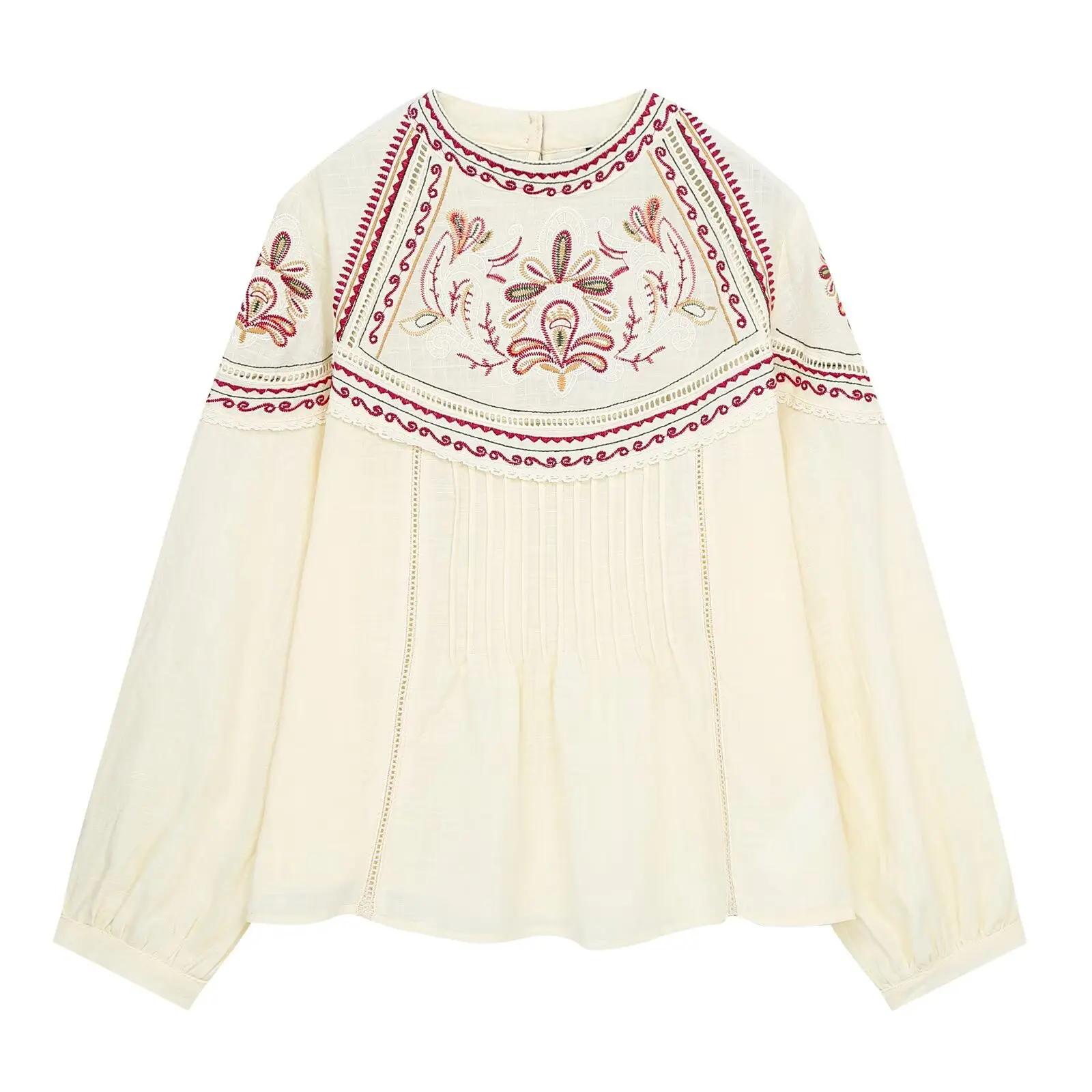 Autumn Women Ethnic O Neck Embroidery Flower Totem Pullover Shirt Raglan Long Sleeve Loose Blouses BOHO Tops Beige