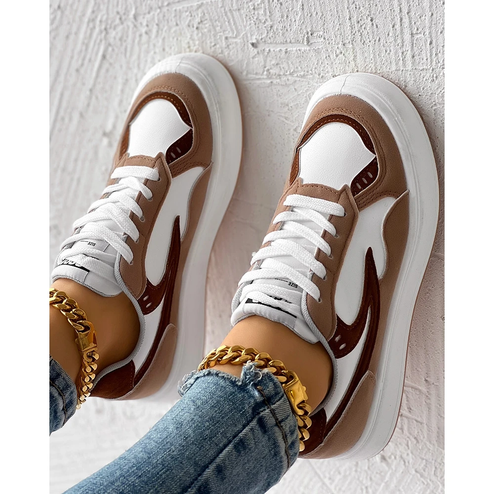 Women Going Out Colorblock Lace-up Sneakers Platform Shoes Spring Fashion Daily Casual Round Toe Flats Zapatillas Mujer