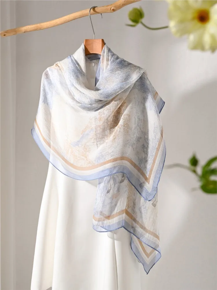 Blue silk scarf summer thin and versatile neck shawl paired with a new women's gauze