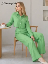 Streamgirl Summer Women Pants Sets 2 Pieces White Long Sleeve Crop Top And Long Pants Set For Ladies Office Blue Chiffon Suits