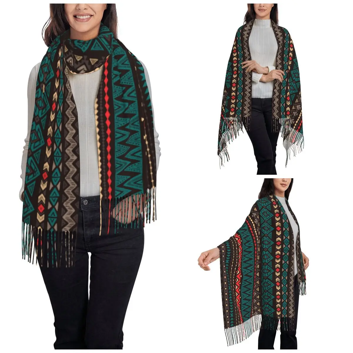 Dark Color Navajo Ethnic Aztec Abstract Scarf for Womens Winter Shawls and Wrap Hipster Backdrop Tribal Large Shawl Scarf Ladies