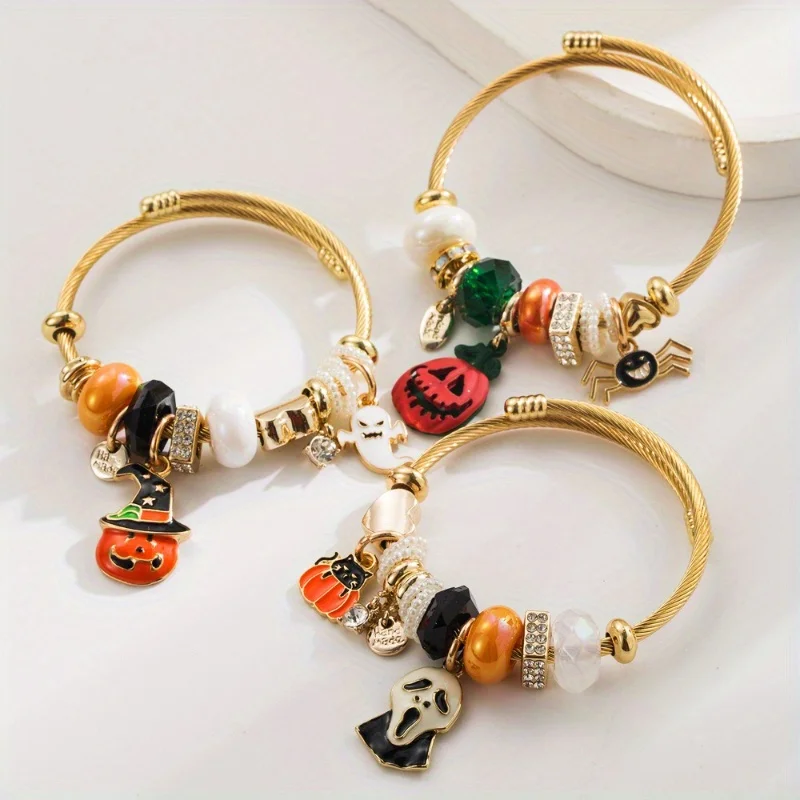 

Halloween Element Stainless Steel Bracelet Female Creative Trend Pumpkin Devil Skull Spider Alloy Pendant Bracelet