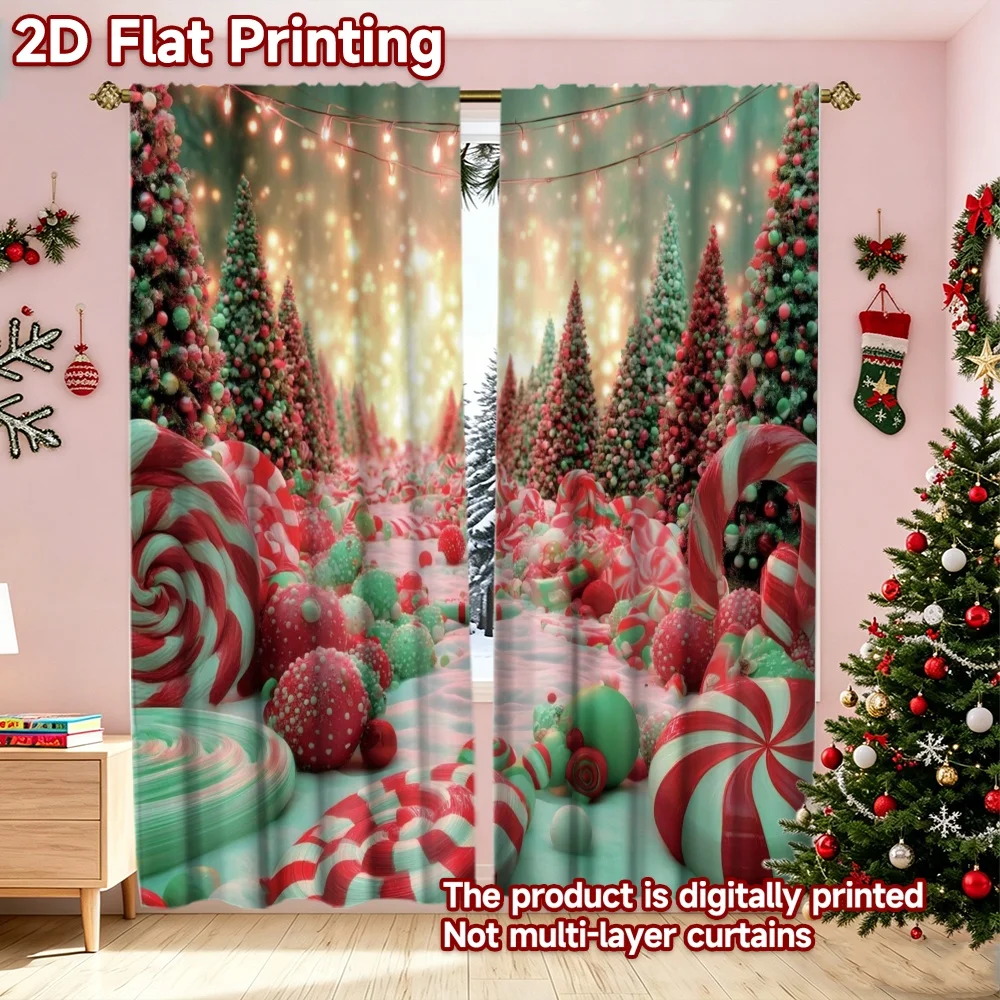 2D flat printing 2pcs Christmas Scene Curtains Christmas Candy Wonderland(2) Digitally printed polyester, durable Festive Wall