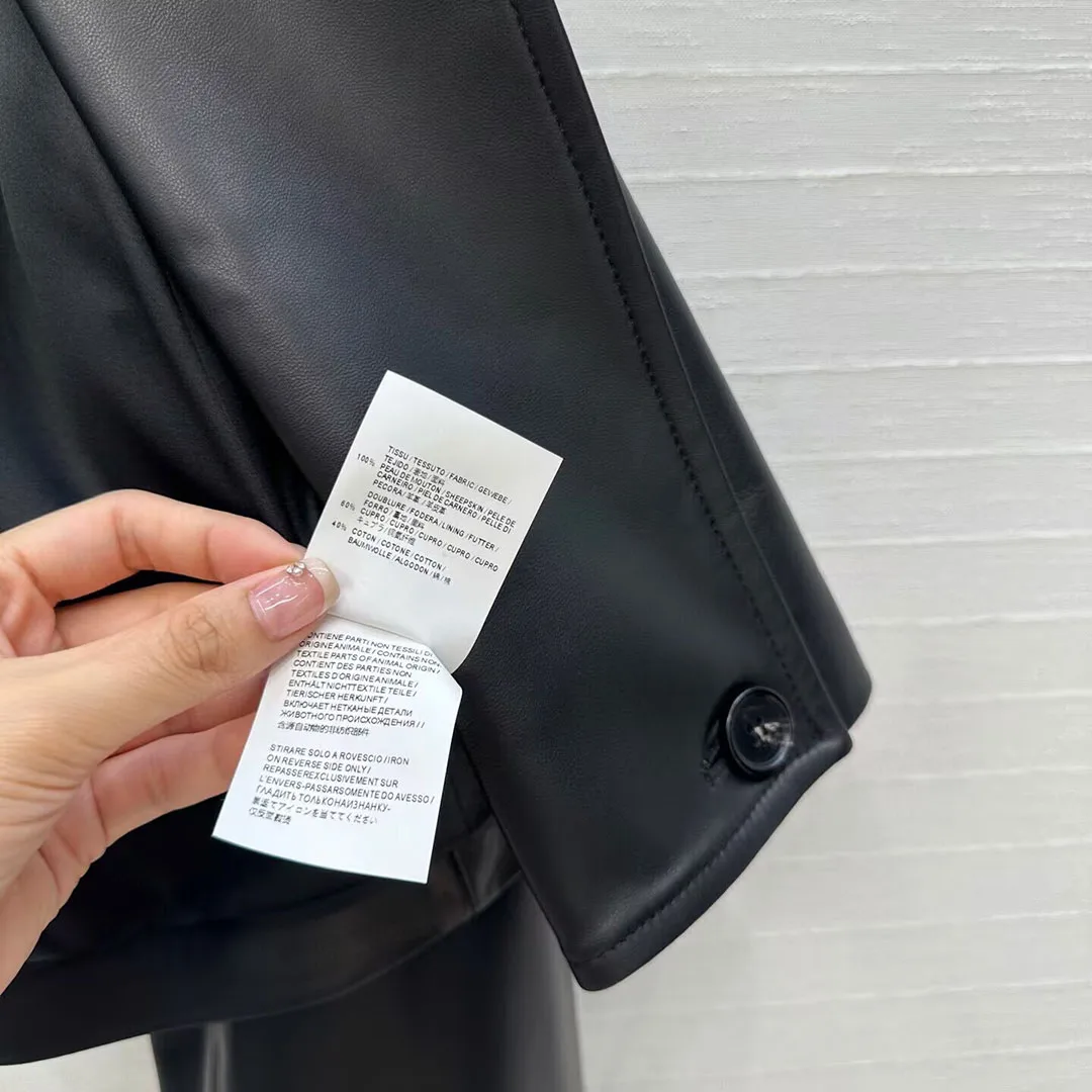 Luxury 100% Sheepskin Leather Black Short Design Coat Women Big Lapel Wide Long Sleeve Solid Chic Elegant Novelty Autumn Jacket