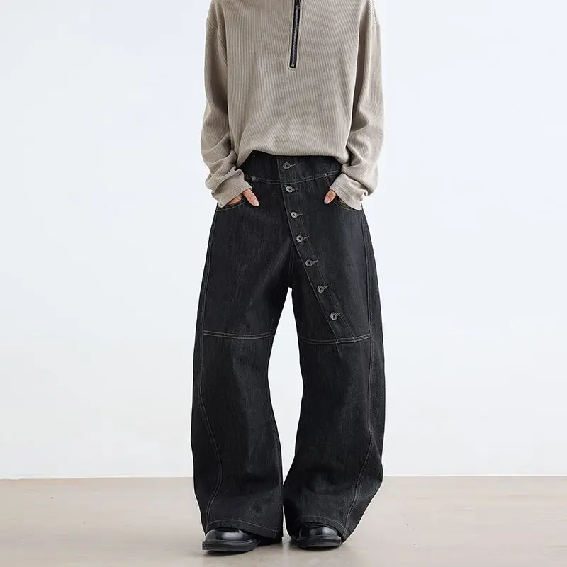 

American Retro Long Row Button Denim Jeans for Women Street Design Casual Loose Wide Leg Floor-Length Pants Trendy Trousers