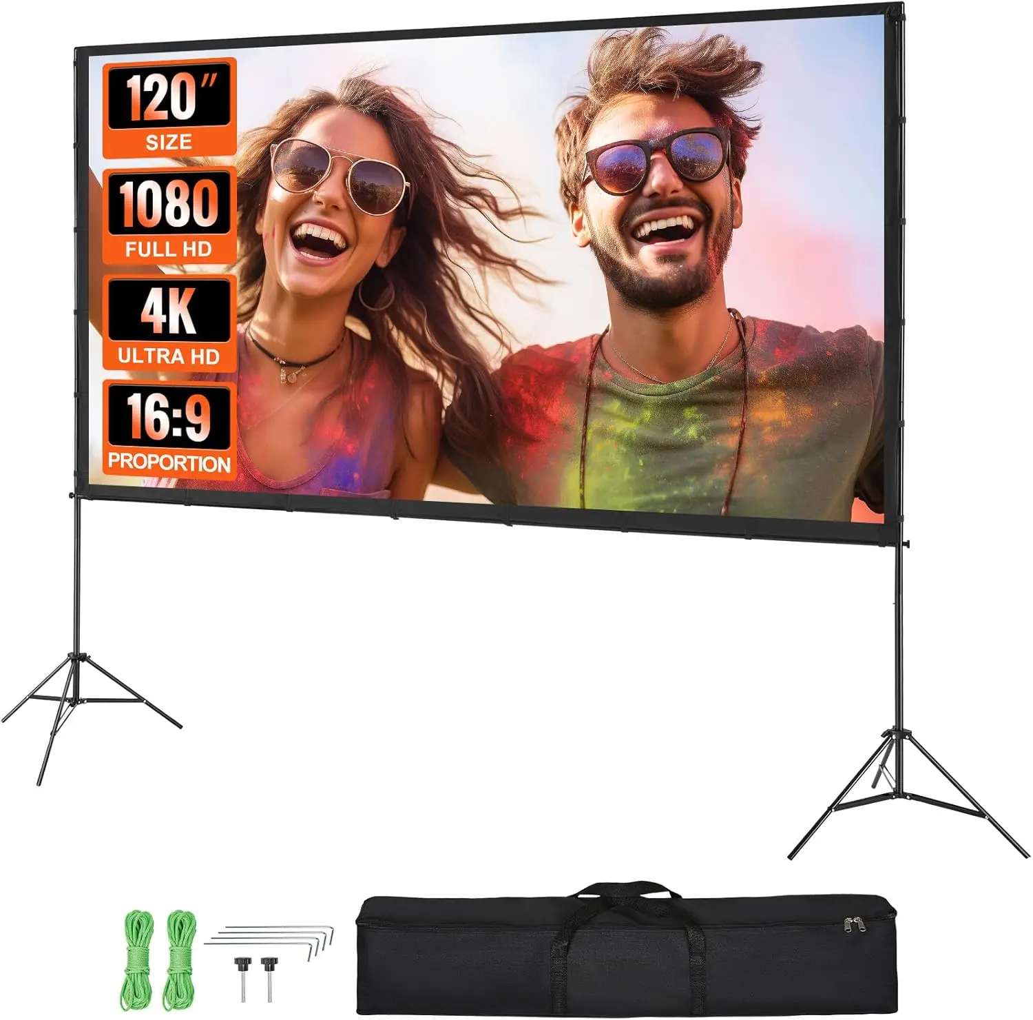 

120' 16:9 4K HD Projector Screen with Stand, Wrinkle-Free, Outdoor Indoor Use, Includes Tripod & Carry Bag