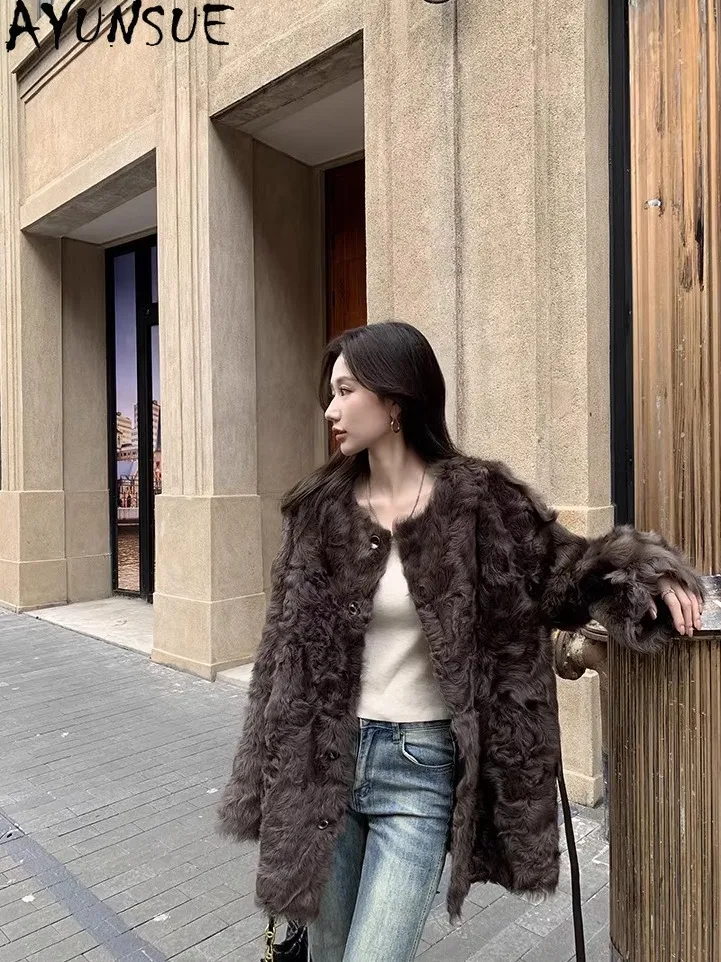 

AYUNSUE 2025 New Double Sided Shearling Jacket Woman Mid Length Natural Wool Jackets Woman Clothes Loose Fur Jacket Abrigo Mujer