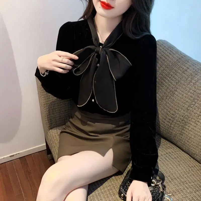 Vintage Bow Blouse Women Blusas Mujer De Moda 2024 Verano Spring Autumn Black Velvet Shirts Chemise Femme Ropa Tops Shirt