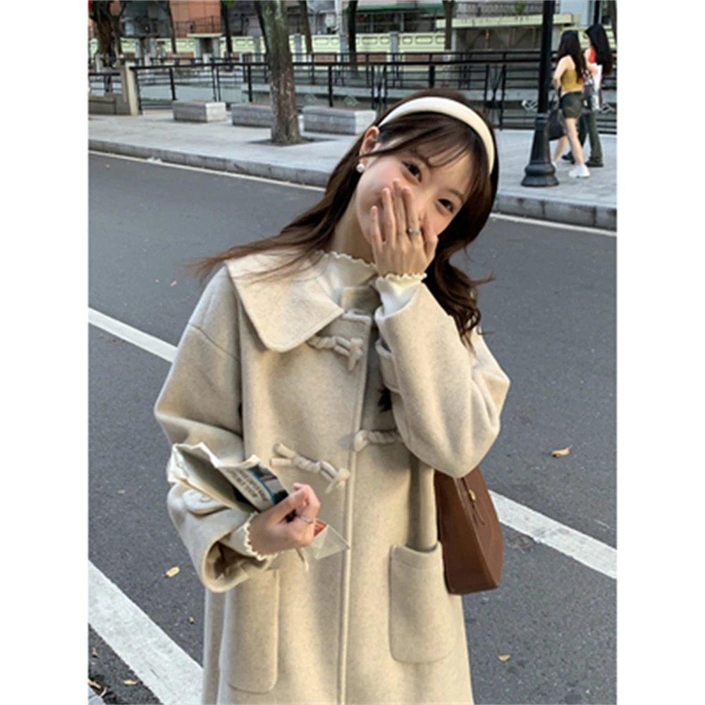 Women's Woolen Coat with Doll Collar and Cowhorn Button, Versatile Loose Traf, Thick and Warm, Japanese Wear, Autumn and Winter