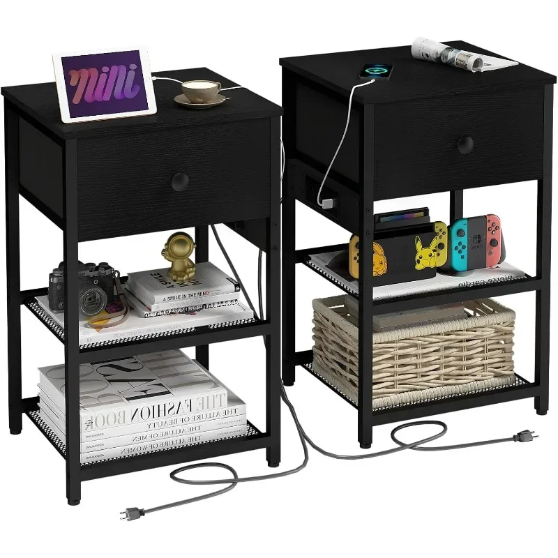 

Nightstands Set of 2 with Charging Station, Bedside Tables with Fabric-Wood 2-in-1 Drawer, Slim End Table for Small Spaces