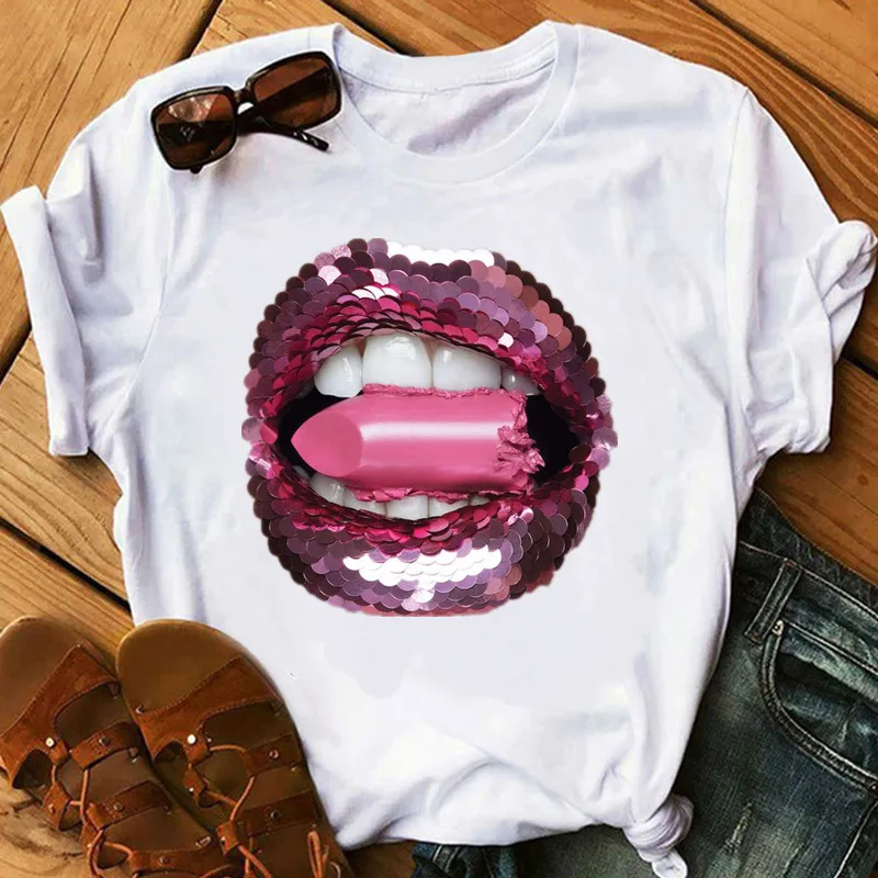 Burst Sequin Lip Trend T-shirt Half Sleeve Cute White Short Sleeve T-shirt Woman Harajuku  Harajuku  Oversized T Shirt  Tops
