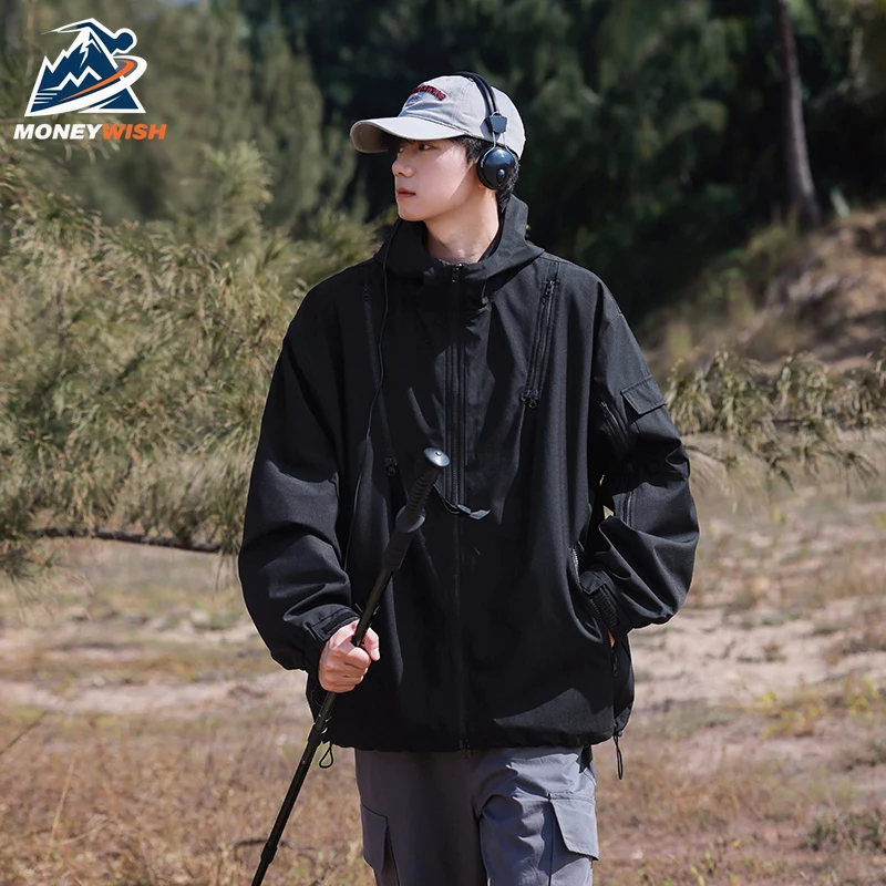 

MONEYWISH Men Charge Jacket 2025 Outdoor Windproof Waterproof Breathable Hooded Coat Leisure Hiking Camping Clothes Windbreaker