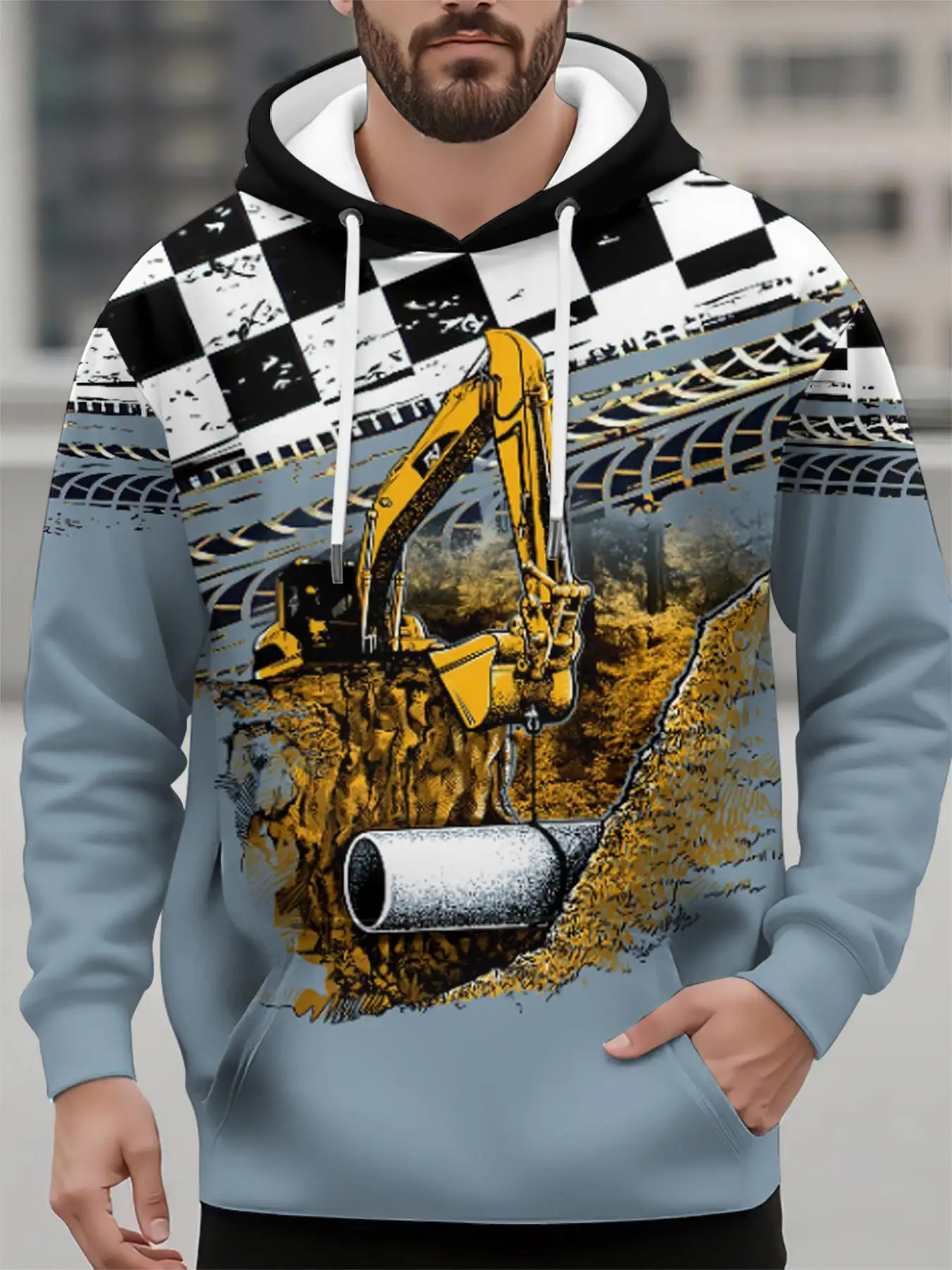 

3D Printed Truck Excavator Graphic Men's Hoodies Autumn Vintage Pattern Long Sleeve Sweatshirt Stylish Loose Comfortable Clothes