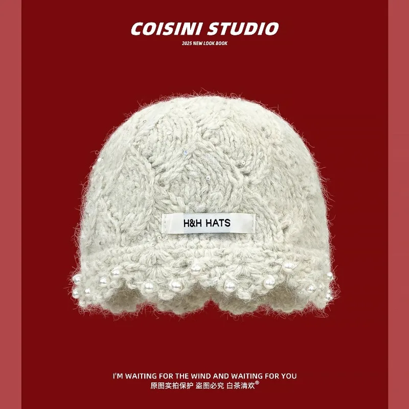 Ins الحلو اللؤلؤ الترتر تصميم بيني ملونة للنساء الخريف والشتاء الدافئة تنوعا موضة عادية بلوفر مغزول القبعات