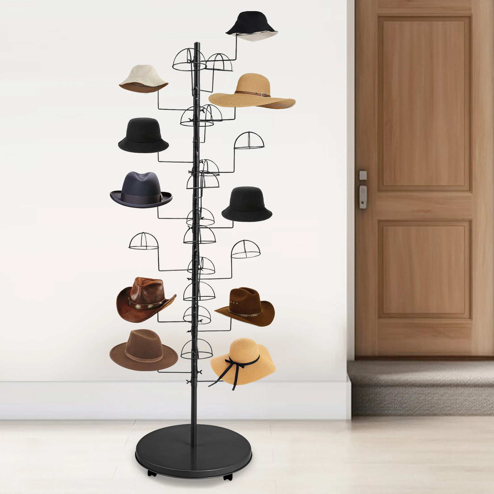 25-Hook Large Freestanding Hat Rack,Modern Black Carbon Steel Hat Display Stand (Holds 25 Caps/Hats) for Home/Store Organization