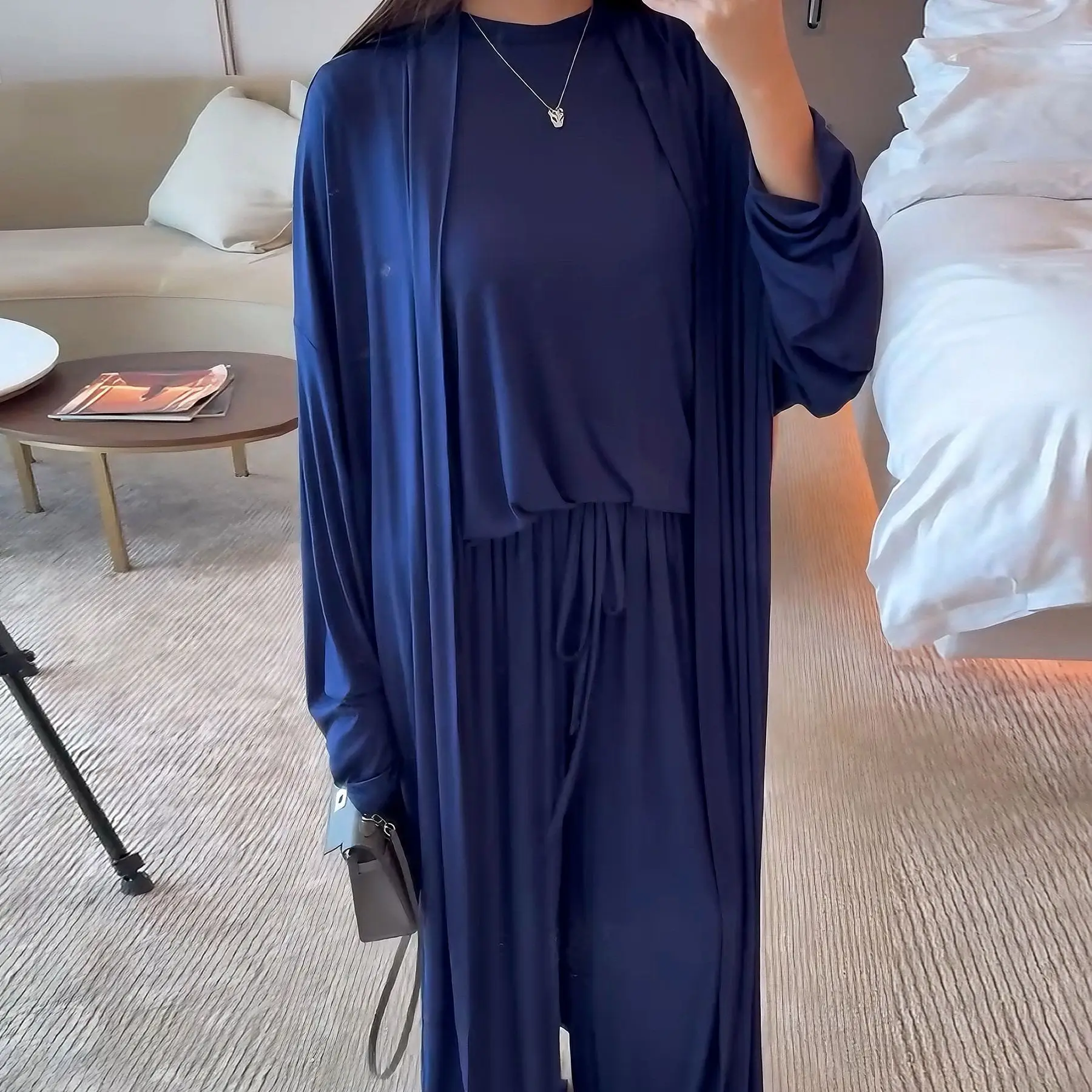 

3 Piece Muslim Sets for Women Kimono Cardigan Tops Pants Islam Clothing Kaftan Abaya Tracksuit Dubai Femme Musulmane Ensembles