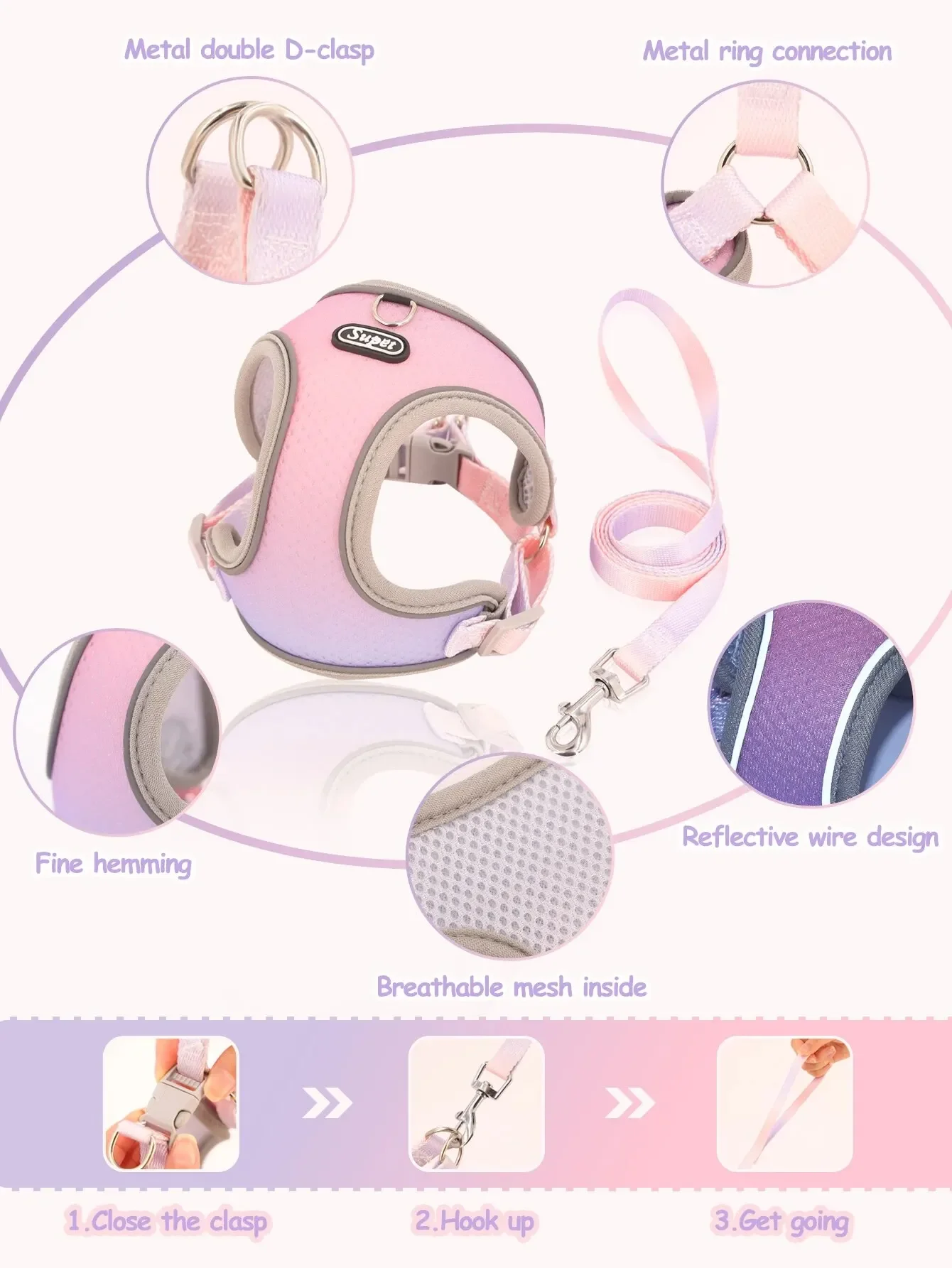 Supet Pet Step-in Dog Harness Adjustable Reflective Soft Dog Harness Breathable Dog Vest Harness for Cats Puppy