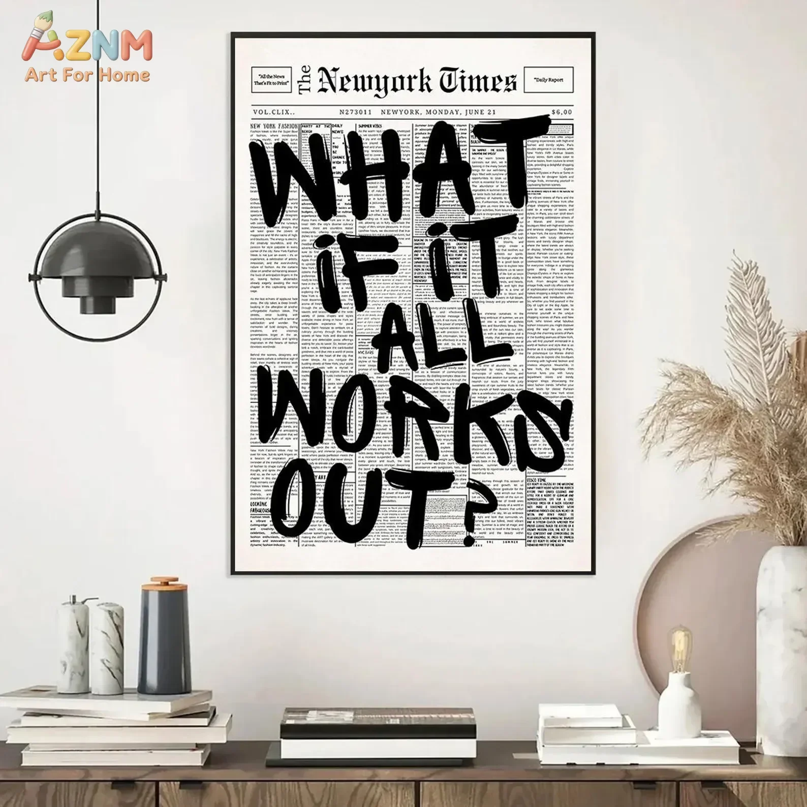 AZNM What If It All Works Out Canvas Wall Art Newspaper Background Motivational Quote Print Unframed Canvas Painting Trendy Room