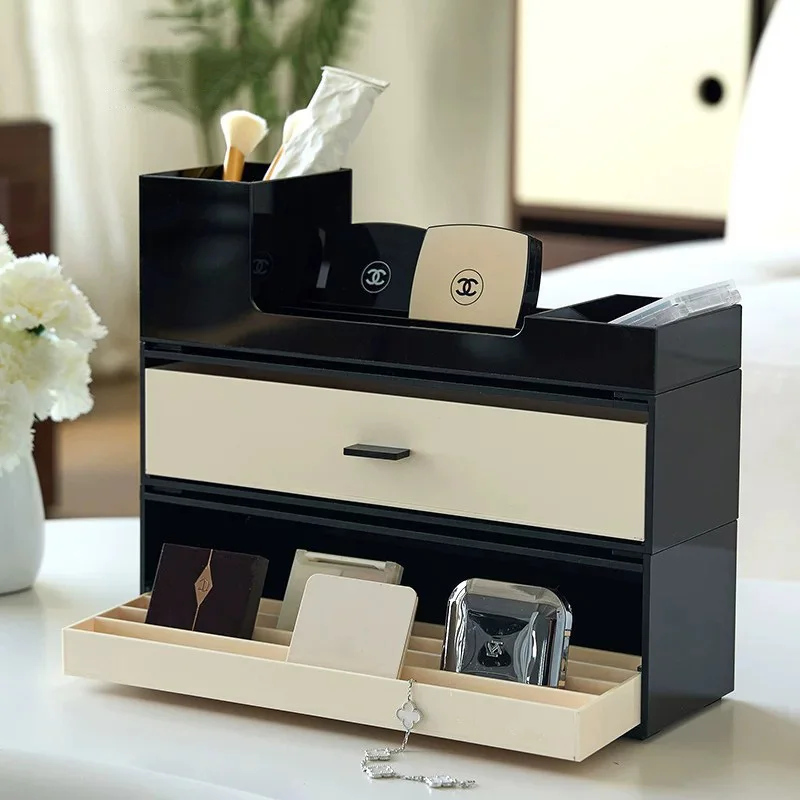 Female Dormitory Cosmetics Storage Bedroom Mirrored Dressing Table Powder Compact Makeup Comb Air Cushion Separate Storage Box