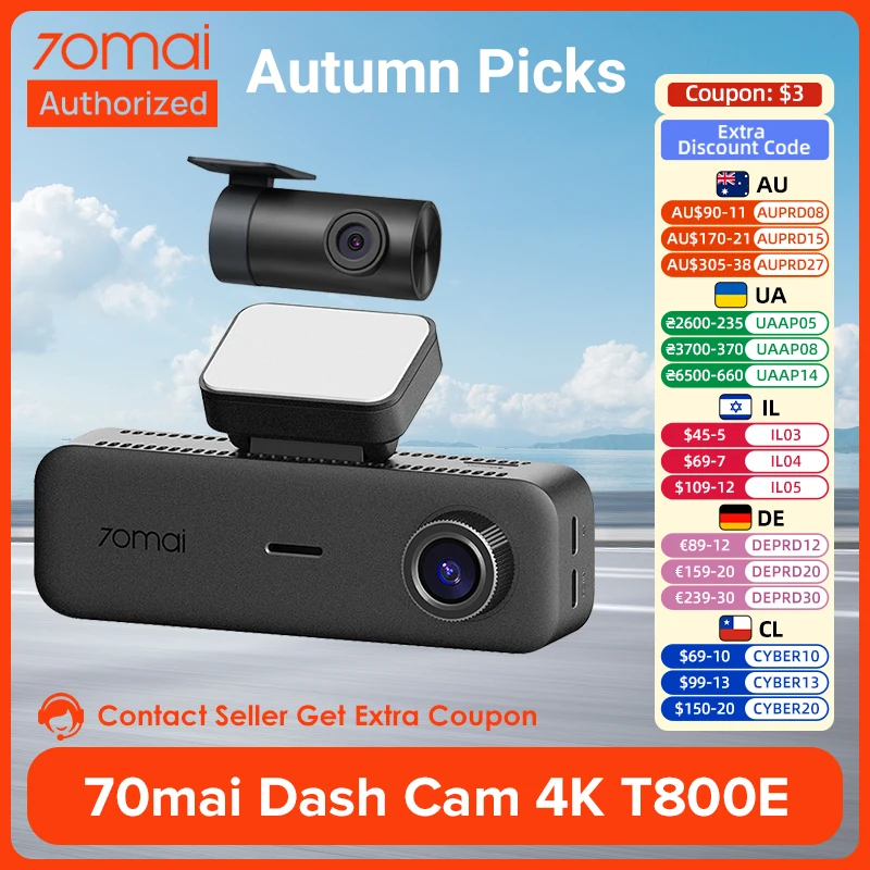 70mai T800E 4K Dash Cam 3-Channel DVR