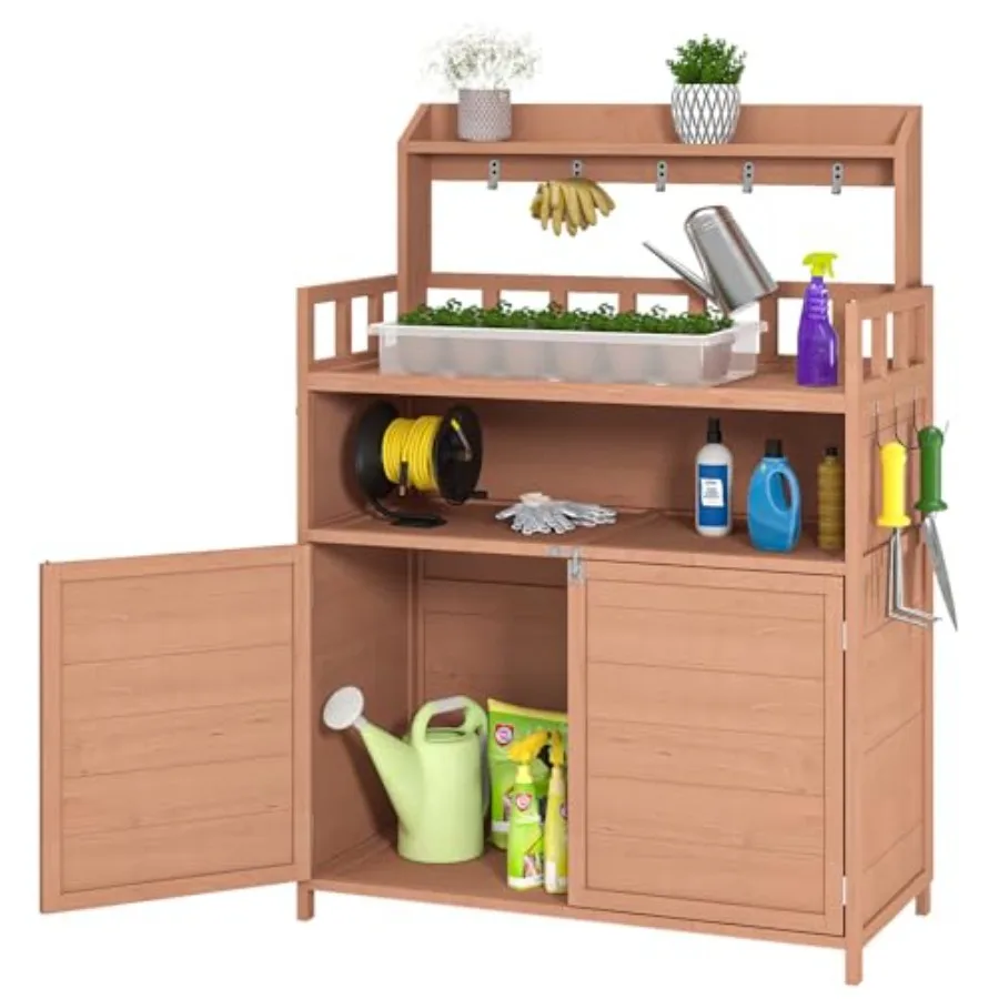 Potting Bench Outdoor Gardening Table for Outside Wood Garden Planting Workstation Work Benches with Large Storage Cabinet and