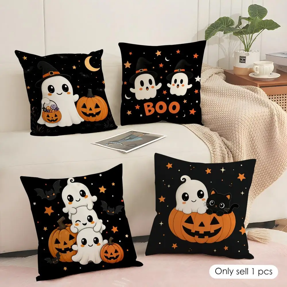 Kawaii Ghost Halloween Design Cushion Cover Soft Short Plush Pillow Cover Smooth Cozy Texture Aesthetic Cushion Case Home Decor