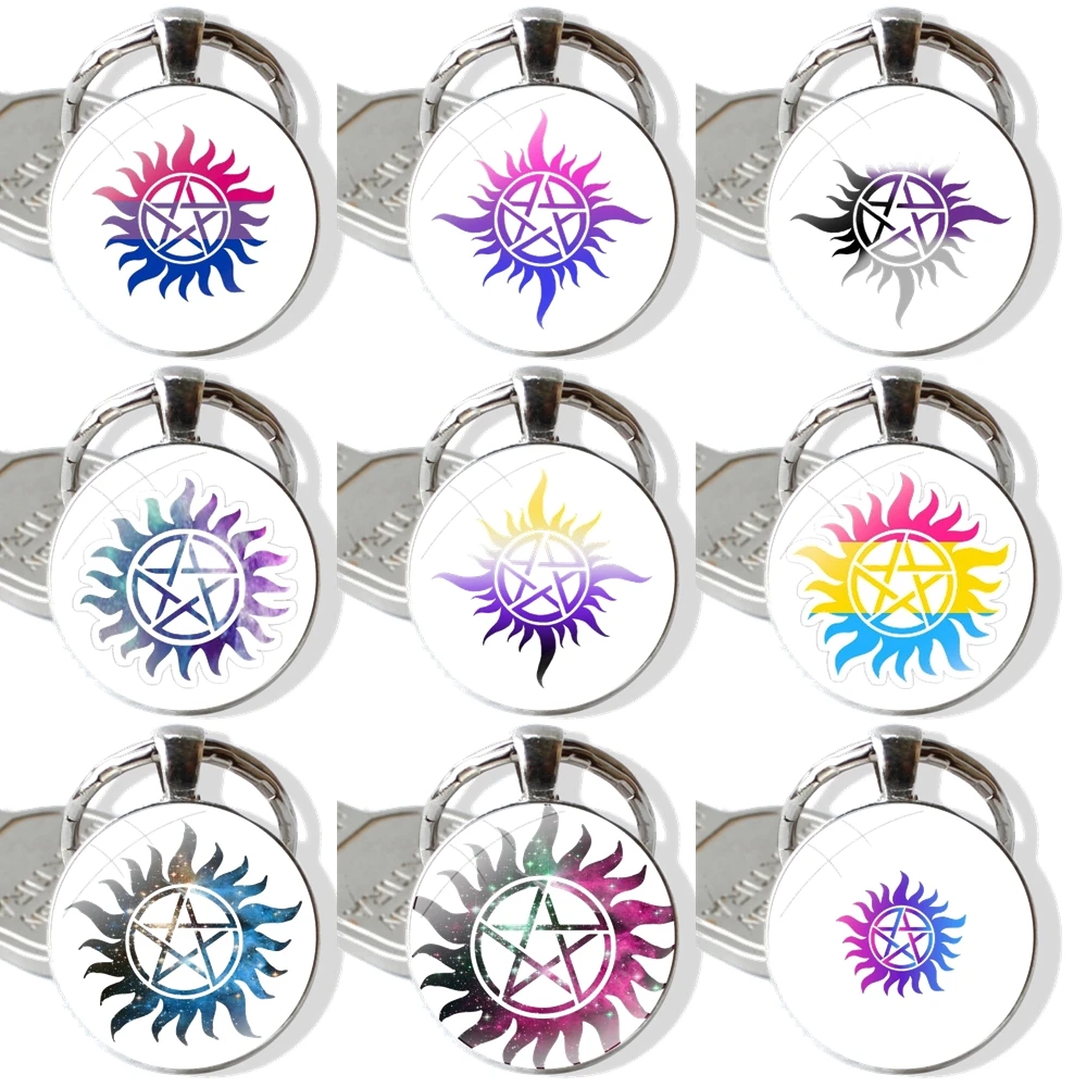 Bisexual Pride Anti Possession Symbol Keychain Handmade Glass Cabochon Key Ring Holder Pendant Key Chains