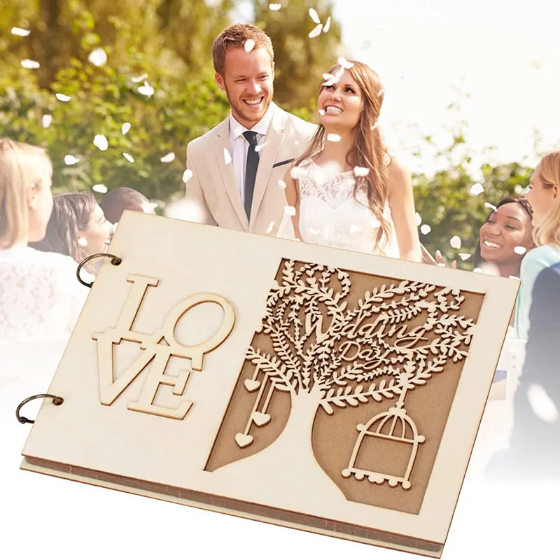 Wedding Guest Photo Album Book Wooden Engagement Scrapbook Personalised DIY Wedding Memory Book with Couple's Photo Slot