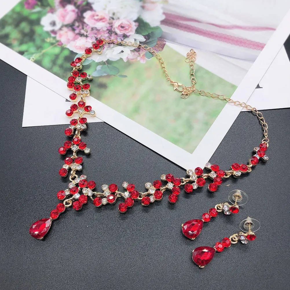 

1Set Wedding Necklace and Earring Set for Bride Rhinestone Jewelry Elegant Women Party Accessories Fashion Gift Red
