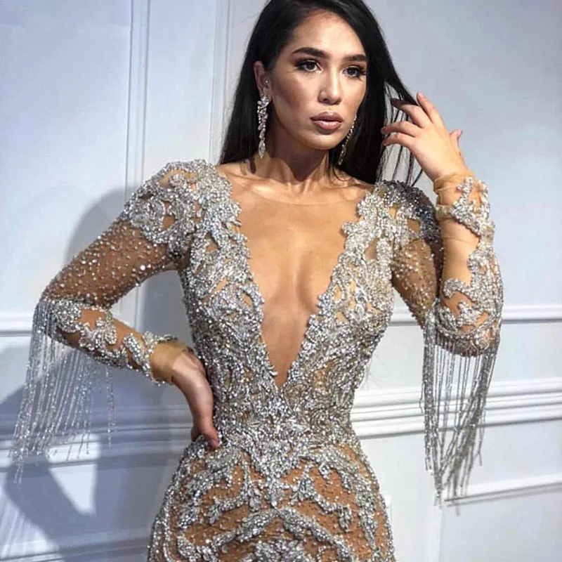 2023 Sexy Prom Dress Sprinkle Beading Tassel Sequined Evening Gowns Fashion Luxury Long Sleeve V-Neck Party Dress for Women