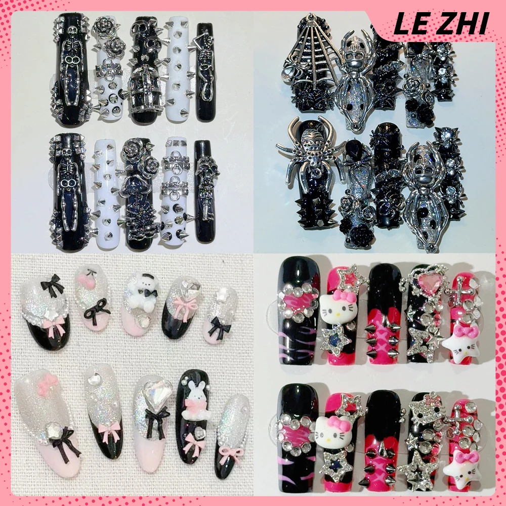 

Sweet Cool Punk Handmade Long Coffin Stiletto Press On Nails Heavy Metal Flowers Spider Rhinestone Pearl Bow Wearable Fake Nails