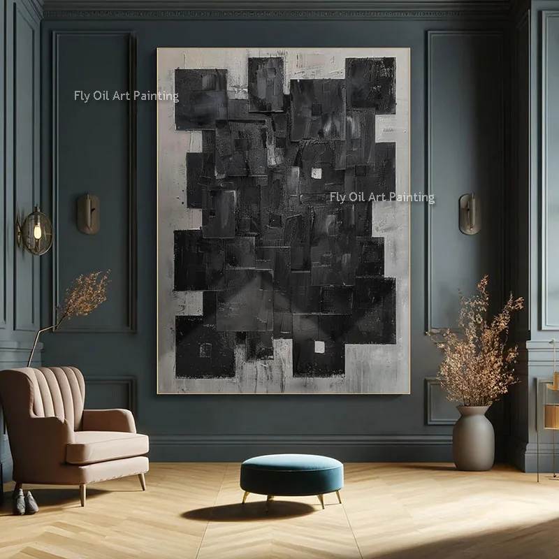 Original Handmade Thick Texture Oil Painting, Monochrome Overlapping Square Palette Knife Canvas Wall Artwork