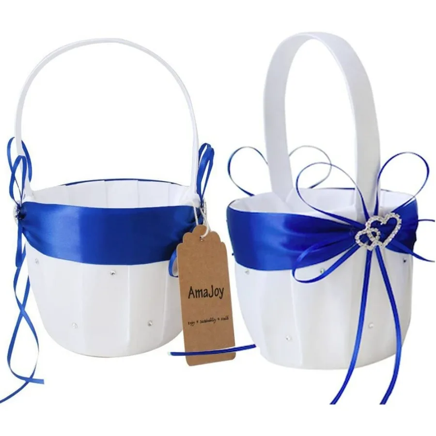 

2pcs Beach Wedding Flower Girl Basket White and Royal Blue Flower Basket with Double Heart Rhinestone Decor