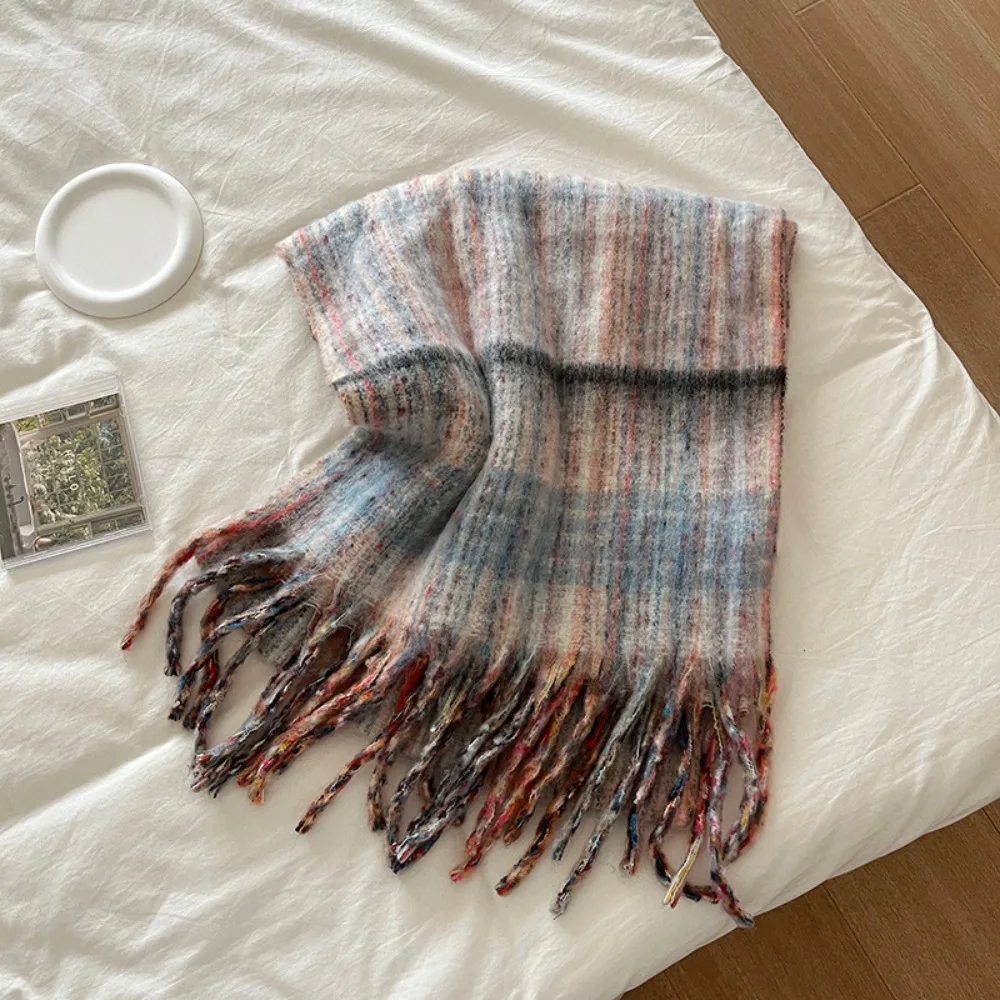 

Korean Style Plaid Mohair Scarf Windproof Long Tassels Winter Cashmere Shawl Muffler Neck Wrap Imitation Cashmere Scarf Gifts