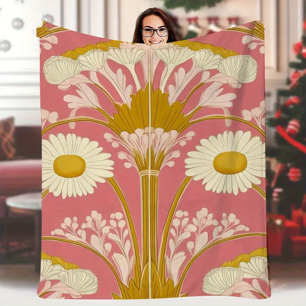 

1 шт. одеяло с принтом ромашки в стиле ар-деко, 60x80 дюймов, винтажный стиль, одностороннее, всесезонный комфорт, идеально подходит для семейных путешествий и камер
