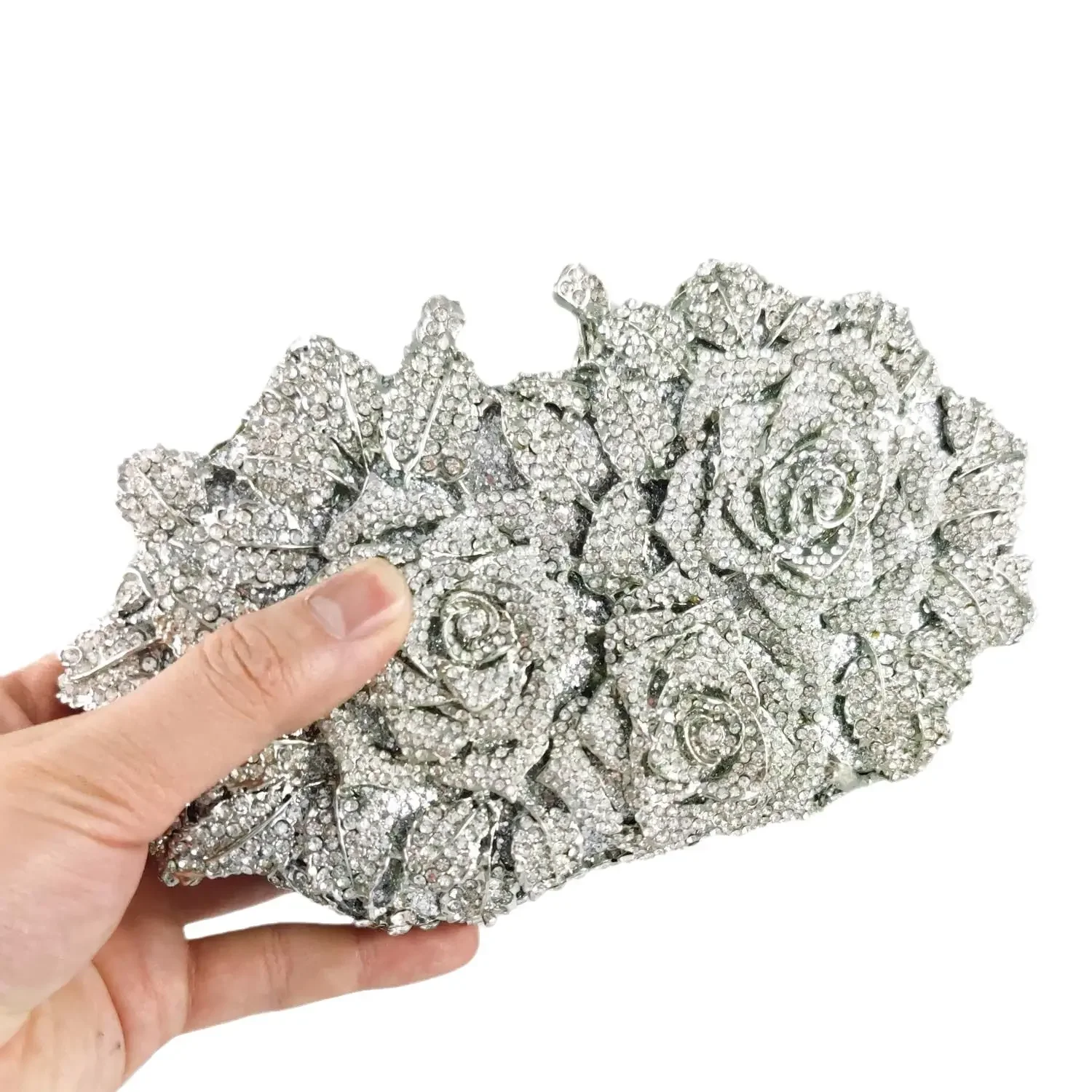 Boutique De FGG Luxury Silver Crystal Clutch Bags Women Formal Party Flower Evening Purses Bridal Wedding Rhinestone Handbags