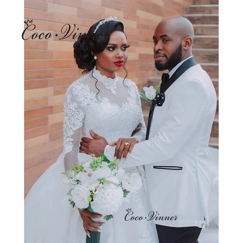 Customized Africa Style Wedding Dresses Ball Gown High Neck Long Sleeves Lace Appliques Beading Wedding Dress For Bride W1352